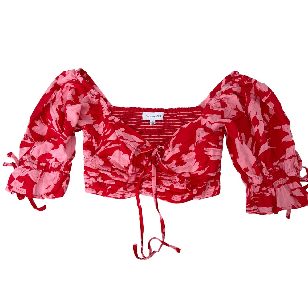 Lost + Wander Red Pink Floral Puff Sleeve Crop Top Boho Lightweight Beachy XS